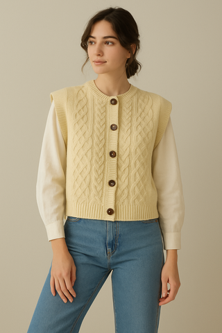 Daisy – Knitted Sleeveless Cardigan Vest with Wooden Buttons